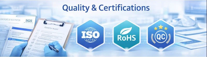 Quality and certifications banner highlighting material compliance, testing, and safety standards, including UL-94 V-0 flame retardant performance for epoxy, polyurethane, and silicone resin systems.
